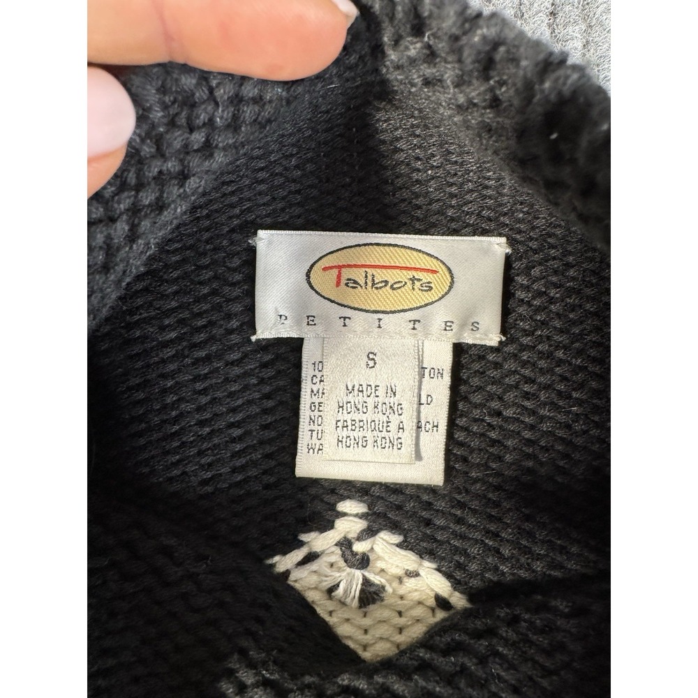 Talbots Black White Chevron Knit Mock Neck  Sweater Petites S  100% Cotton - Picture 2 of 7
